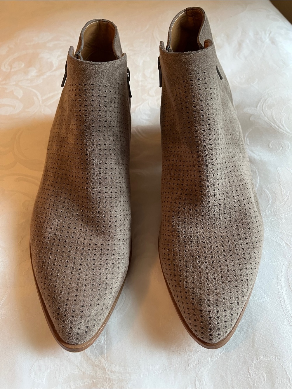J. Crew Perforated Suede Ankle Booties in Taupe